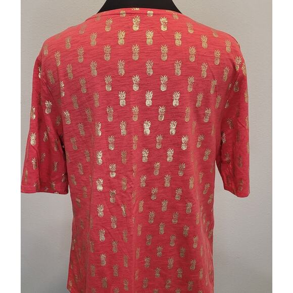 Chico’s Pink Pineapple Malibu Tee Size 2 L Gold Metallic Print Resort Wear EUC - Picture 4 of 8
